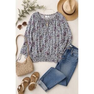 Lucky Brand Floral Peasant Boho Blouse 3X Purple Cottagecore Tie Sleeve Top NWT